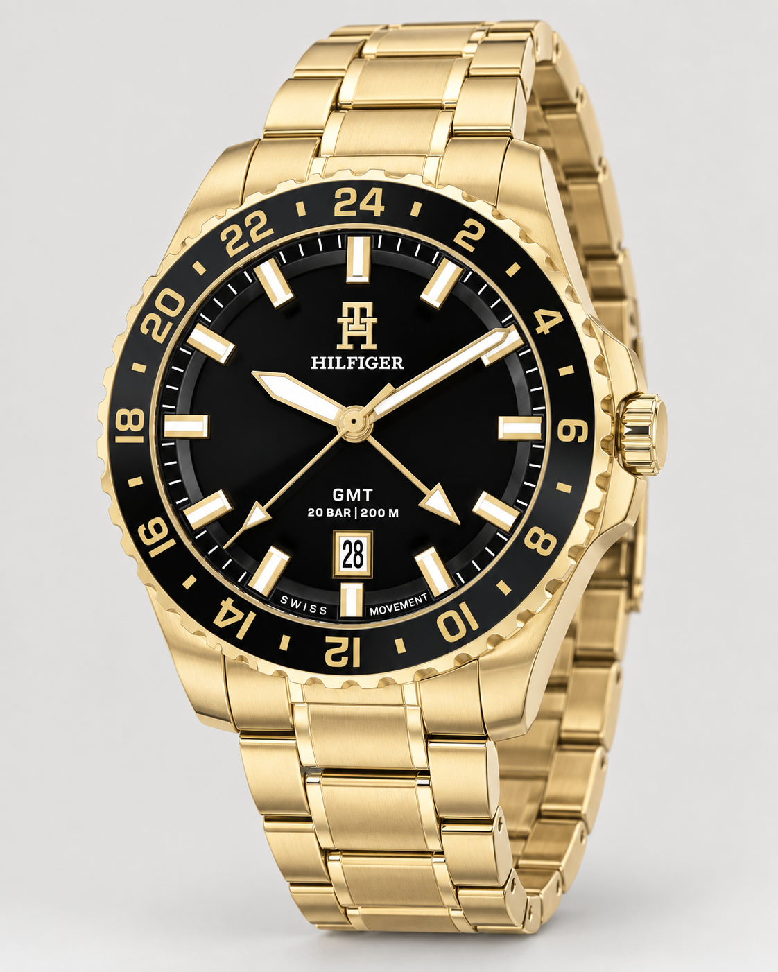 Tommy Hilfiger TH85 GMT Men's Watch – Black Dial, Gold Steel Bracelet, 42mm – 1792133 – three-quarter profile