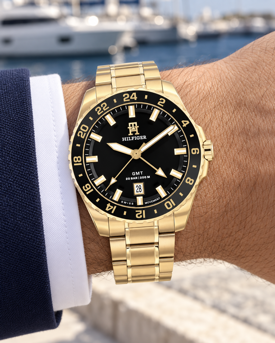Tommy Hilfiger TH85 GMT Men's Watch – Black Dial, Gold Steel Bracelet, 42mm – 1792133 – wrist view
