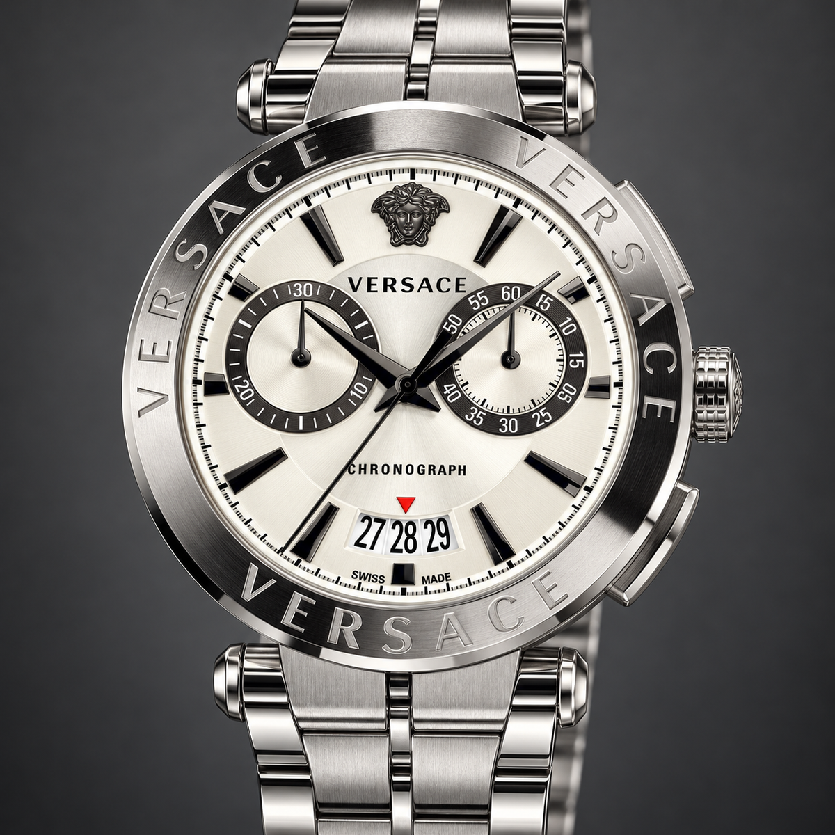 Versace Aion Chronograph Men's Watch – White 45 mm – VE1D00319 dial and case detail – VE1D00319