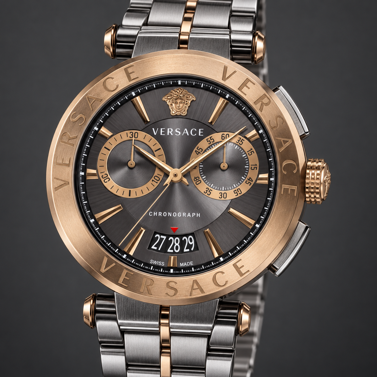 Versace Aion Chronograph Men's Watch – Gray 45 mm – VE1D00619 dial and case detail – VE1D00619