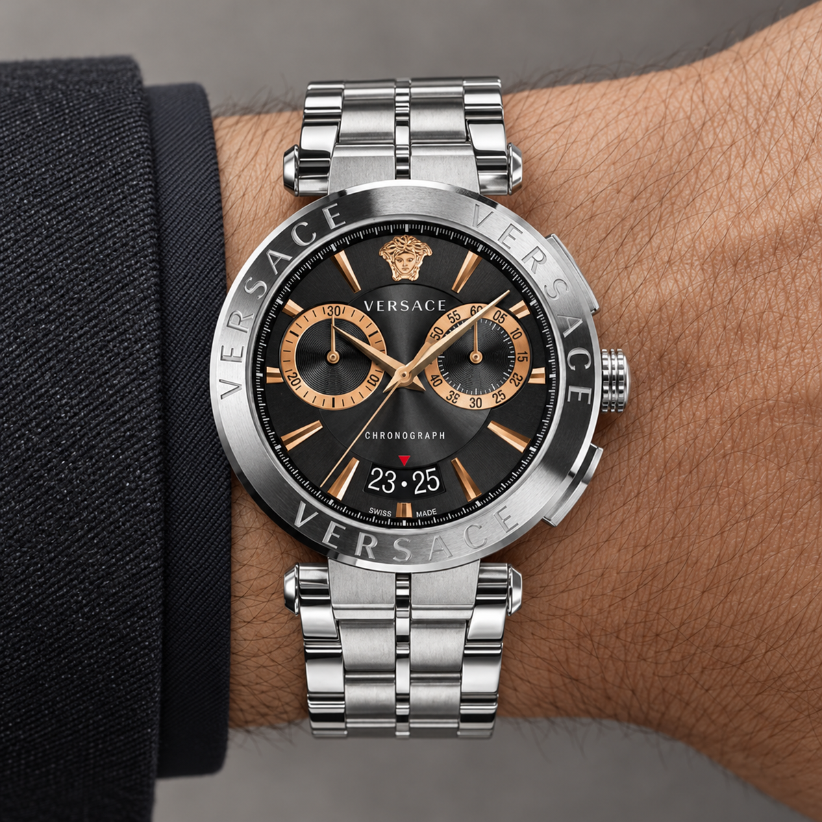 Versace Aion Chronograph Men's Watch – Black 45 mm – VE1D01019 on wrist – VE1D01019