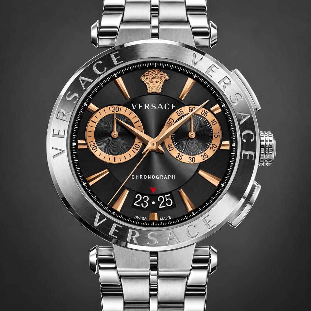 Versace Aion Chronograph Men's Watch – Black 45 mm – VE1D01019 dial and case detail – VE1D01019