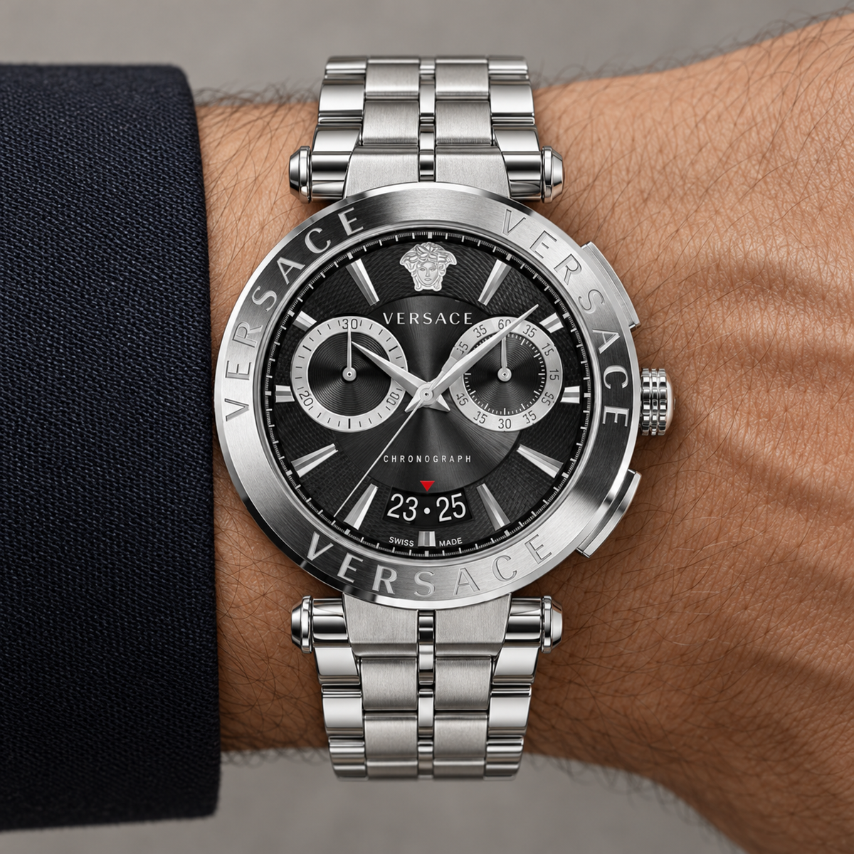 Versace Aion Chronograph Men's Watch – Black 45 mm – VE1D01520 on wrist – VE1D01520