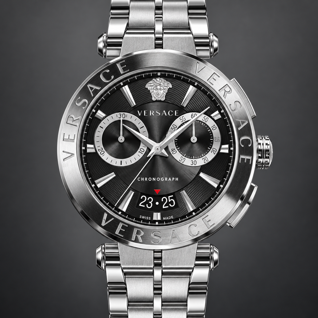 Versace Aion Chronograph Men's Watch – Black 45 mm – VE1D01520 dial and case detail – VE1D01520