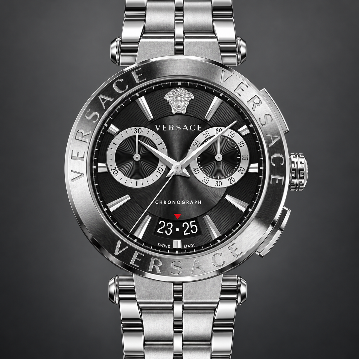 Versace Aion Chronograph Men's Watch – Black 45 mm – VE1D01520 dial and case detail – VE1D01520