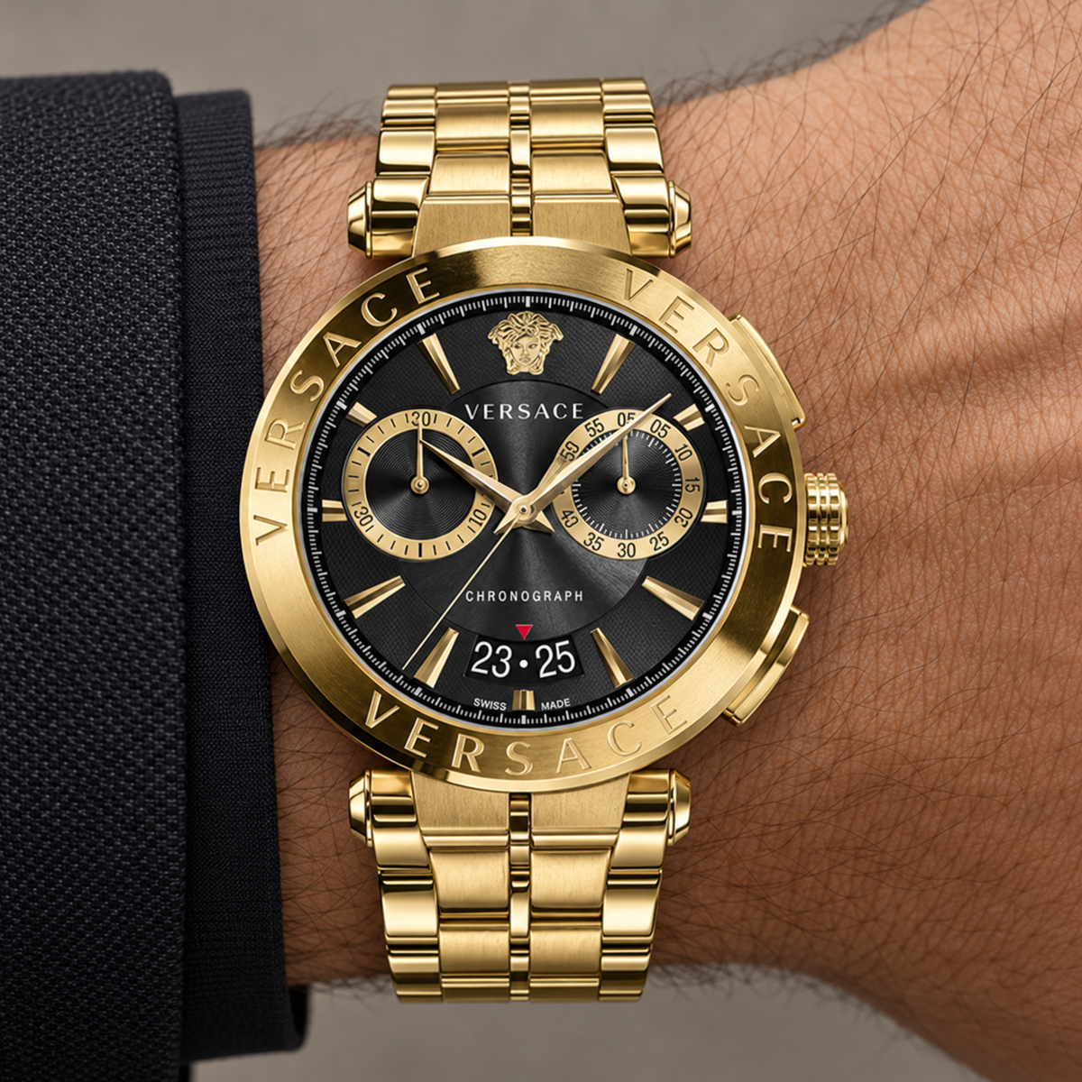 Versace Aion Chronograph Men's Watch – Black 45 mm – VE1D01721 on wrist – VE1D01721