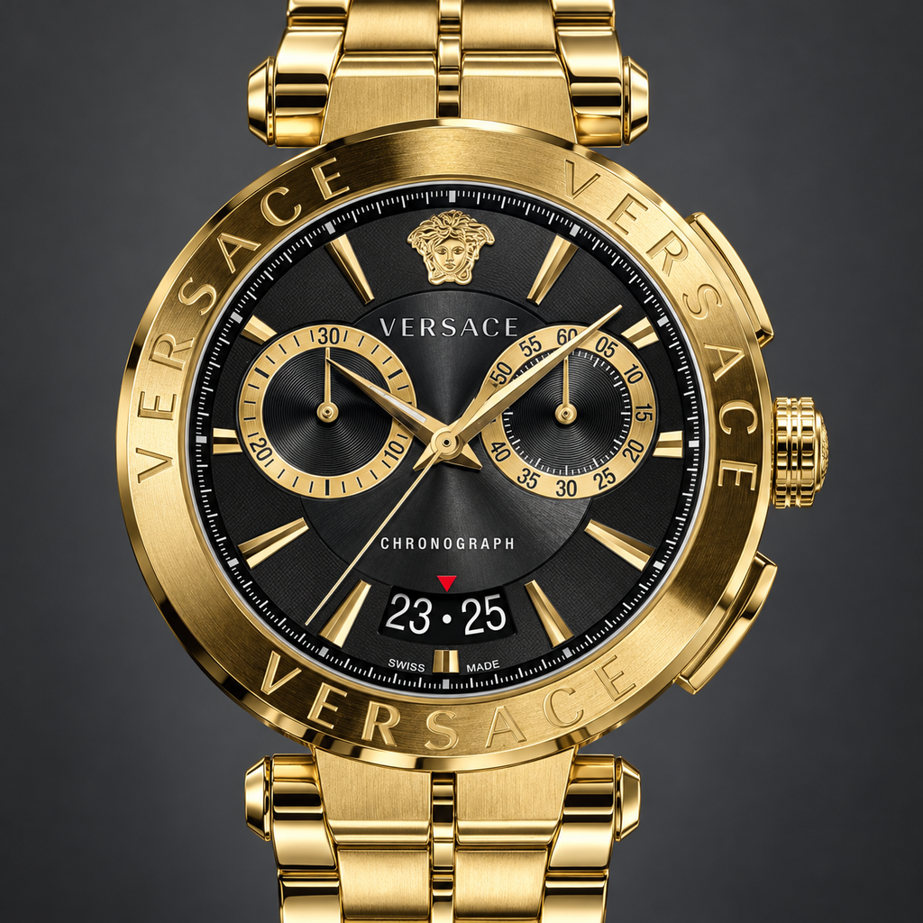 Versace Aion Chronograph Men's Watch – Black 45 mm – VE1D01721 dial and case detail – VE1D01721