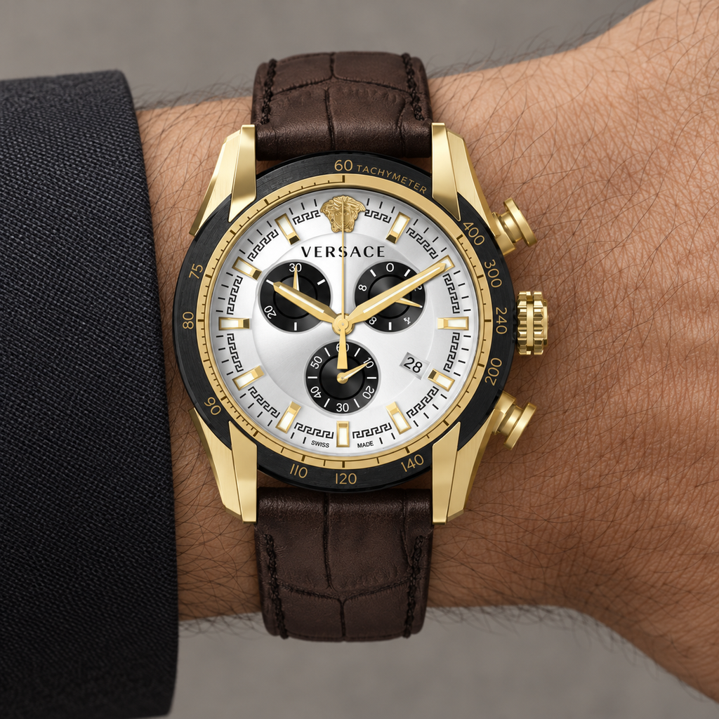 Versace V-Ray Chronograph Men's Watch – White 44 mm – VE2I00221 on wrist – VE2I00221