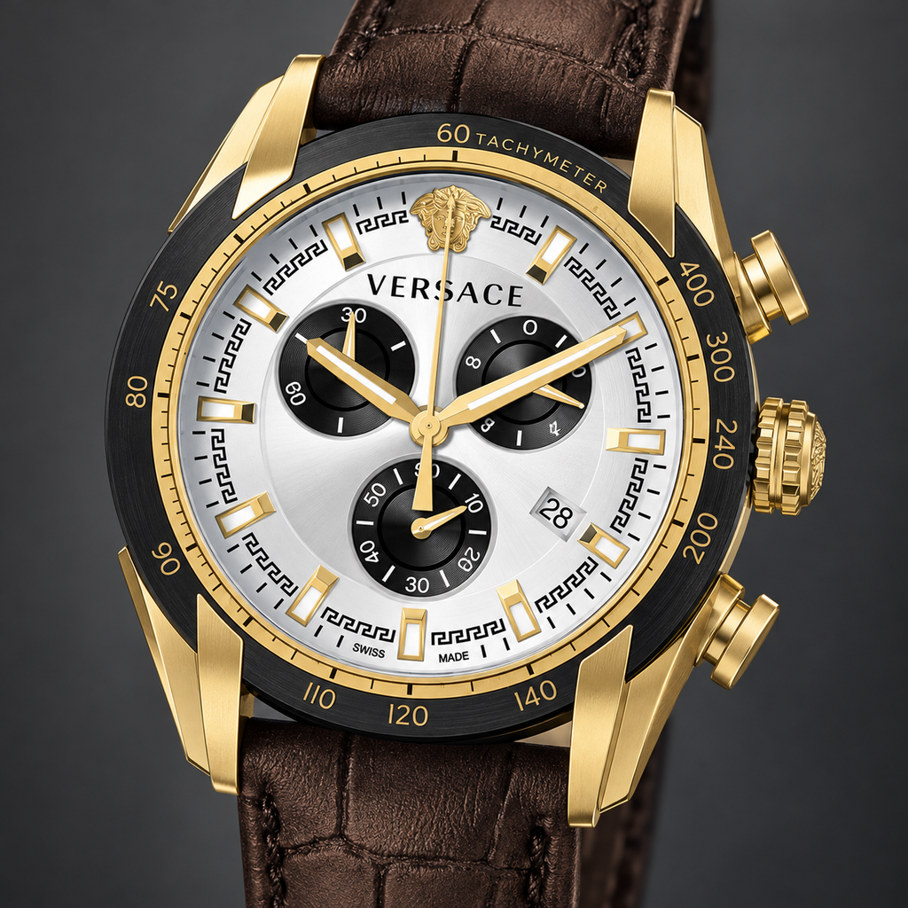 Versace V-Ray Chronograph Men's Watch – White 44 mm – VE2I00221 dial and case detail – VE2I00221