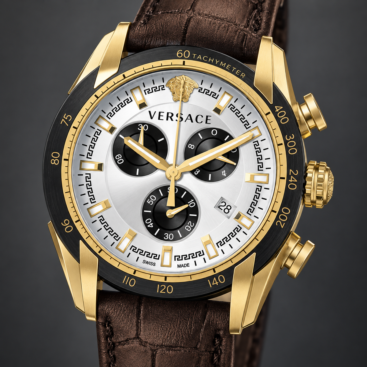 Versace V-Ray Chronograph Men's Watch – White 44 mm – VE2I00221 dial and case detail – VE2I00221
