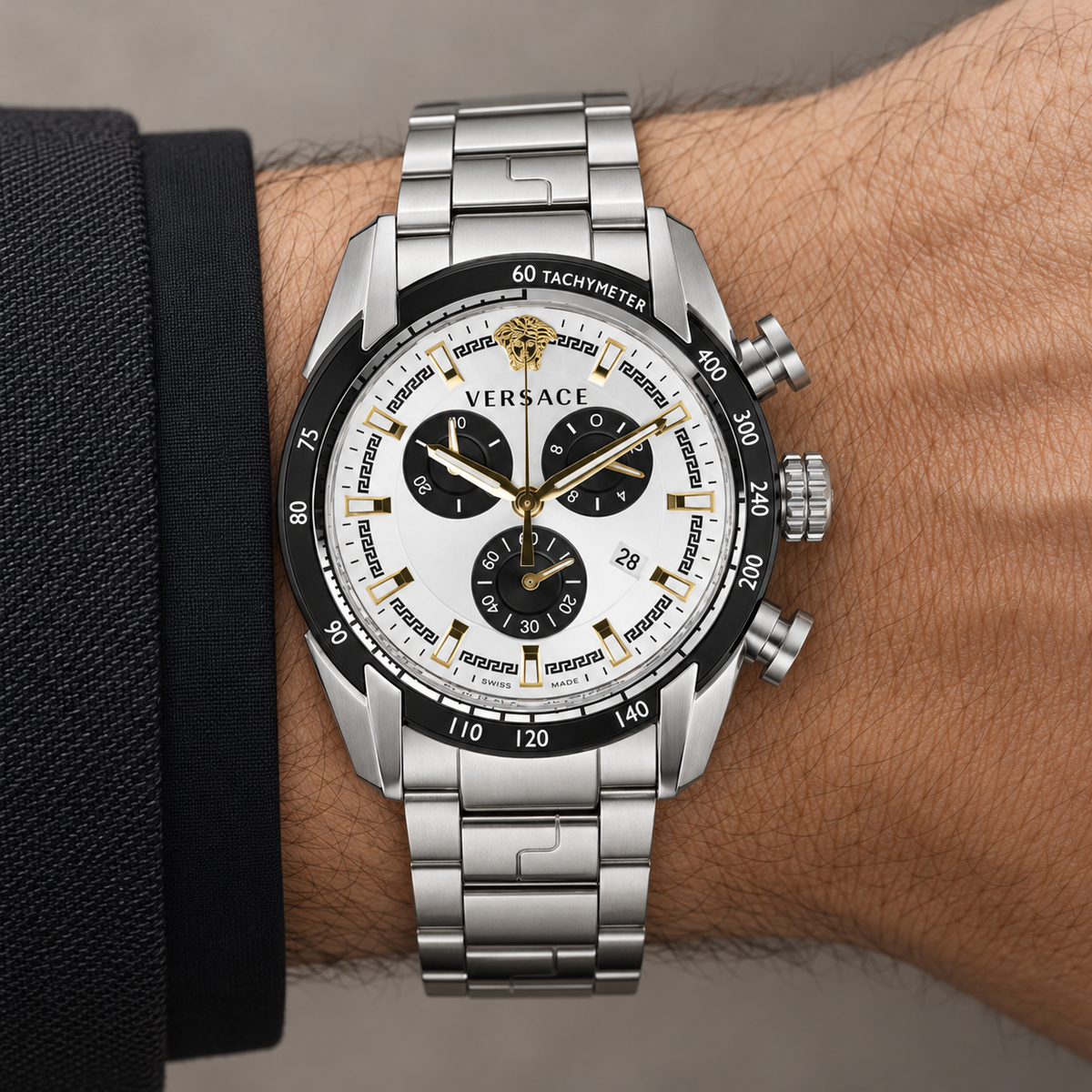Versace V-Ray Chronograph Men's Watch – Silver 44 mm – VE2I00321 on wrist – VE2I00321