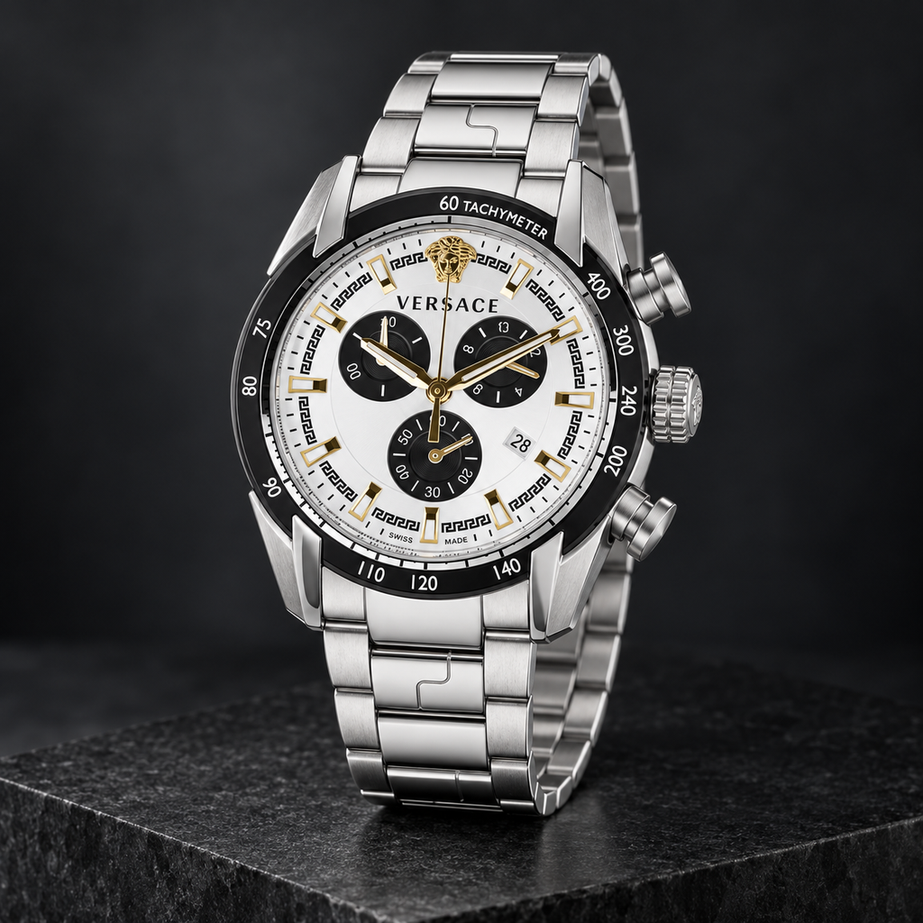 Versace V-Ray Chronograph Men's Watch – Silver 44 mm – VE2I00321 dark luxury view – VE2I00321