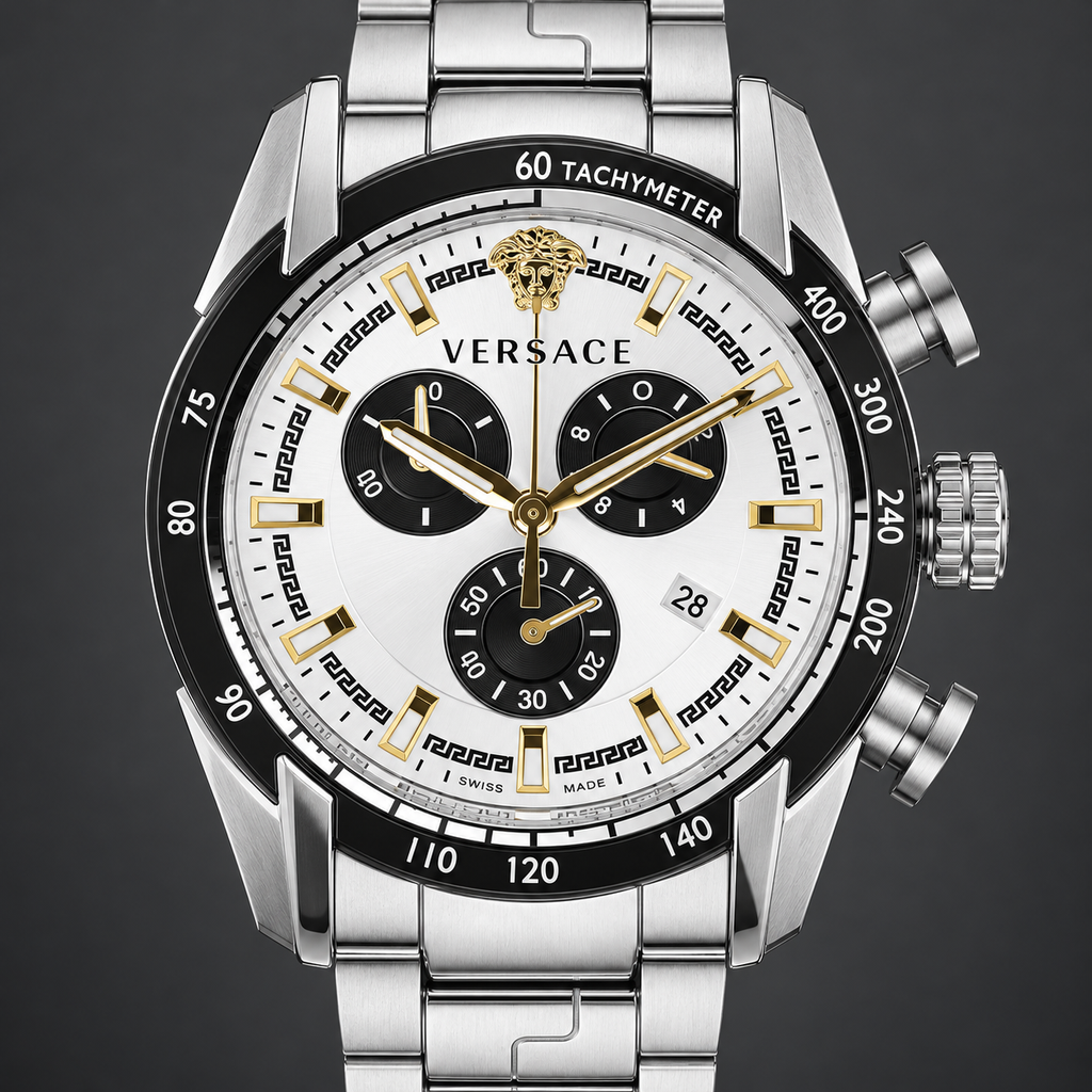 Versace V-Ray Chronograph Men's Watch – Silver 44 mm – VE2I00321 dial and case detail – VE2I00321