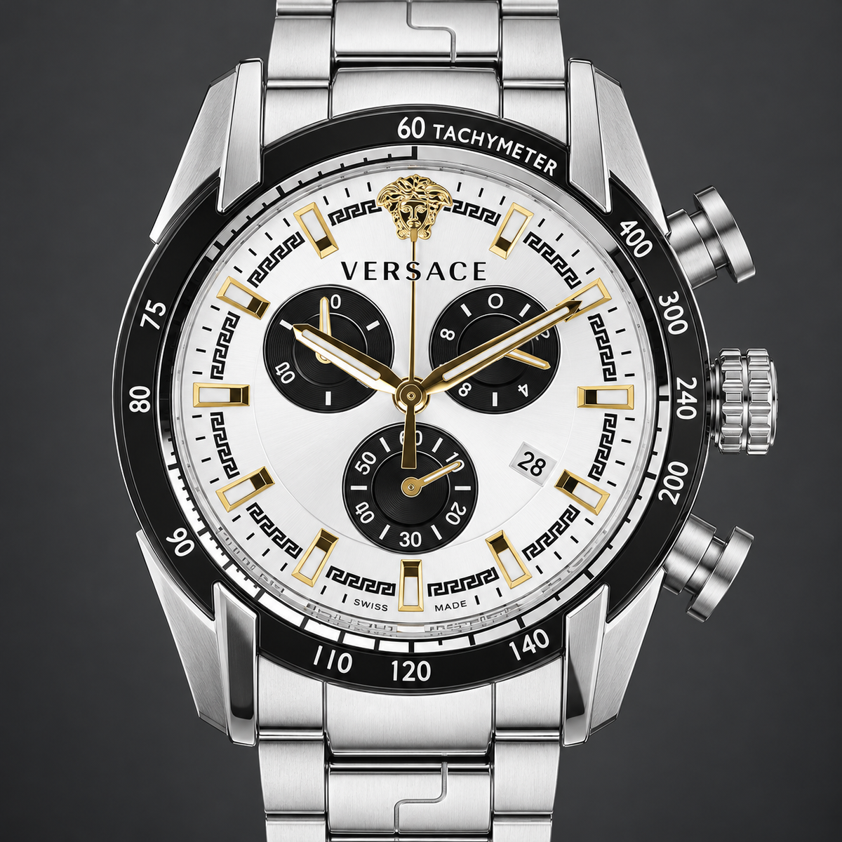 Versace V-Ray Chronograph Men's Watch – Silver 44 mm – VE2I00321 dial and case detail – VE2I00321