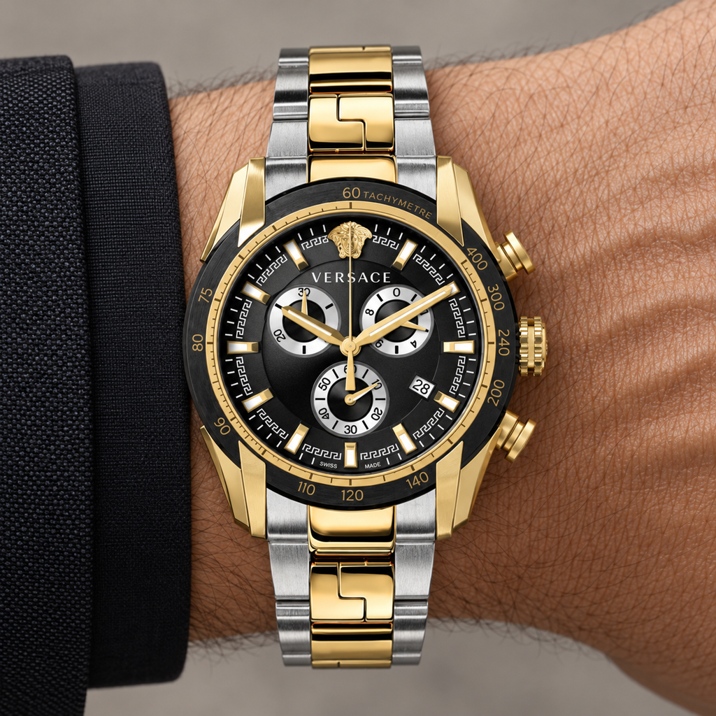 Versace V-Ray Chronograph Men's Watch – Black 44 mm – VE2I00421 on wrist – VE2I00421