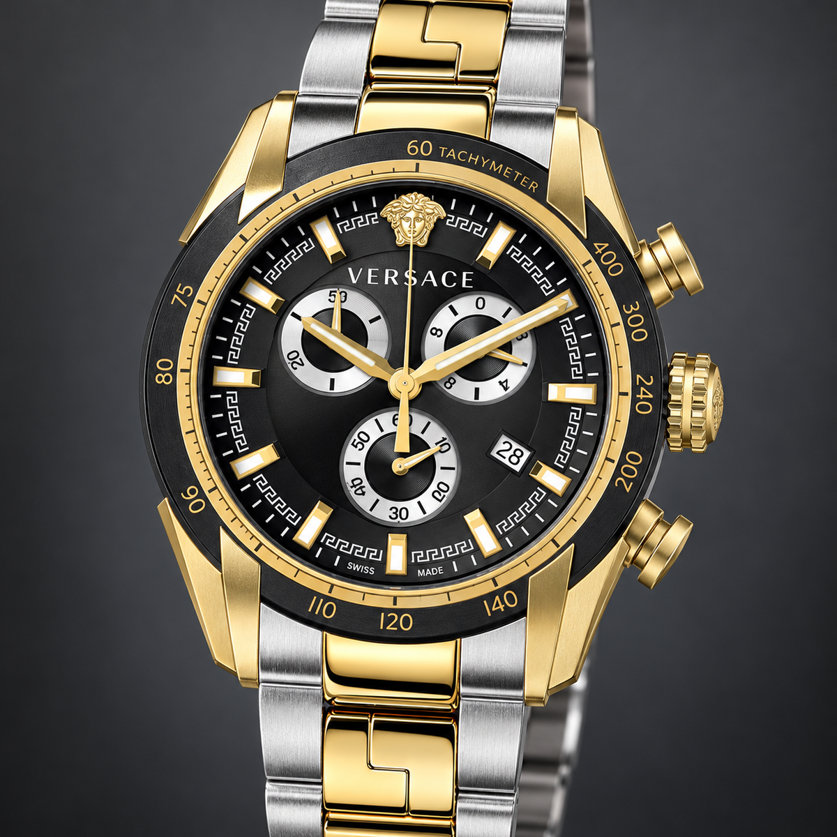 Versace V-Ray Chronograph Men's Watch – Black 44 mm – VE2I00421 dial and case detail – VE2I00421