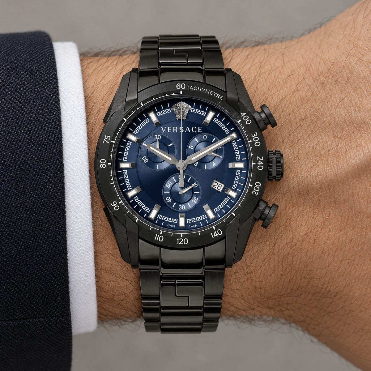 Versace V-Ray Chronograph Men's Watch – Blue 44 mm – VE2I00521 on wrist – VE2I00521