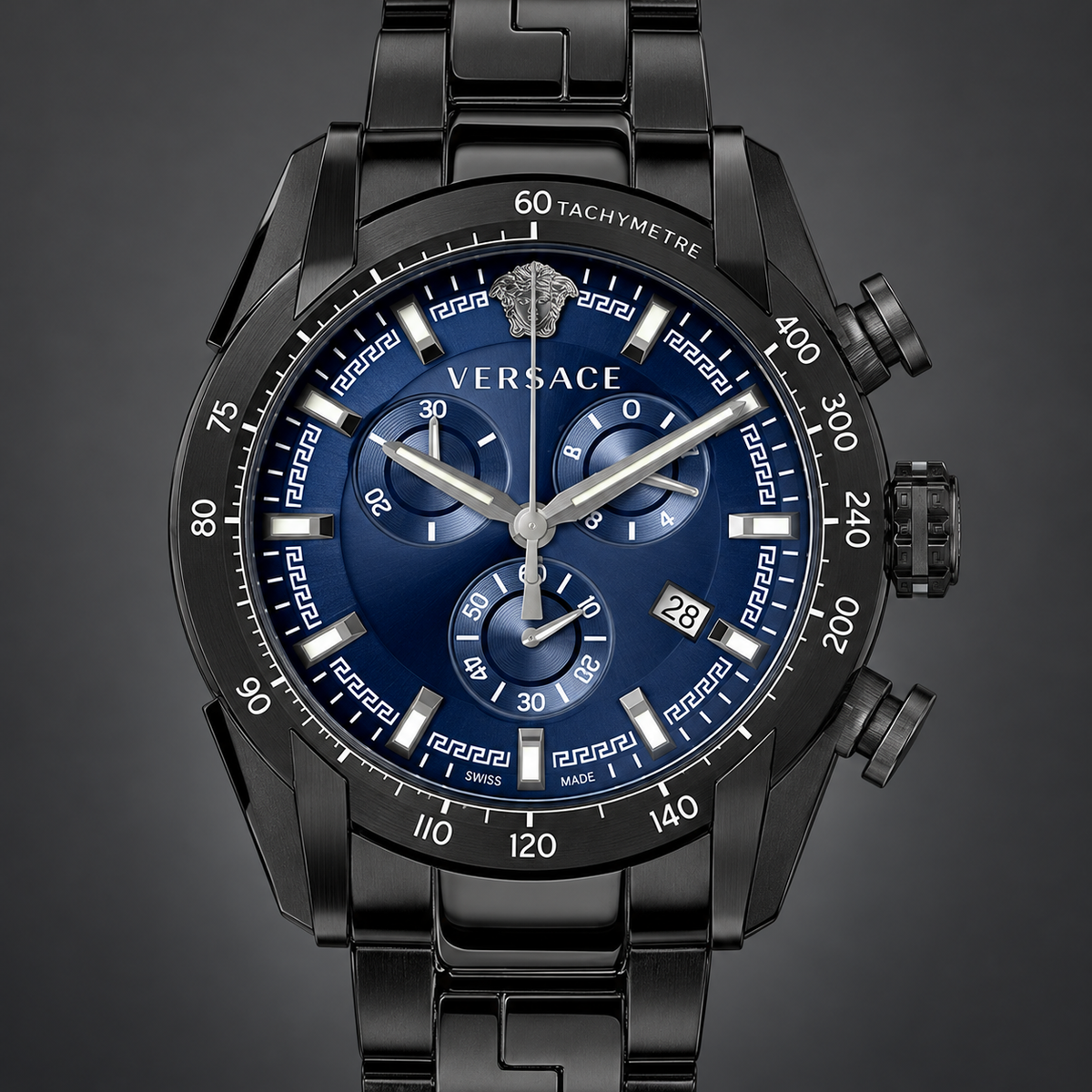 Versace V-Ray Chronograph Men's Watch – Blue 44 mm – VE2I00521 dial and case detail – VE2I00521
