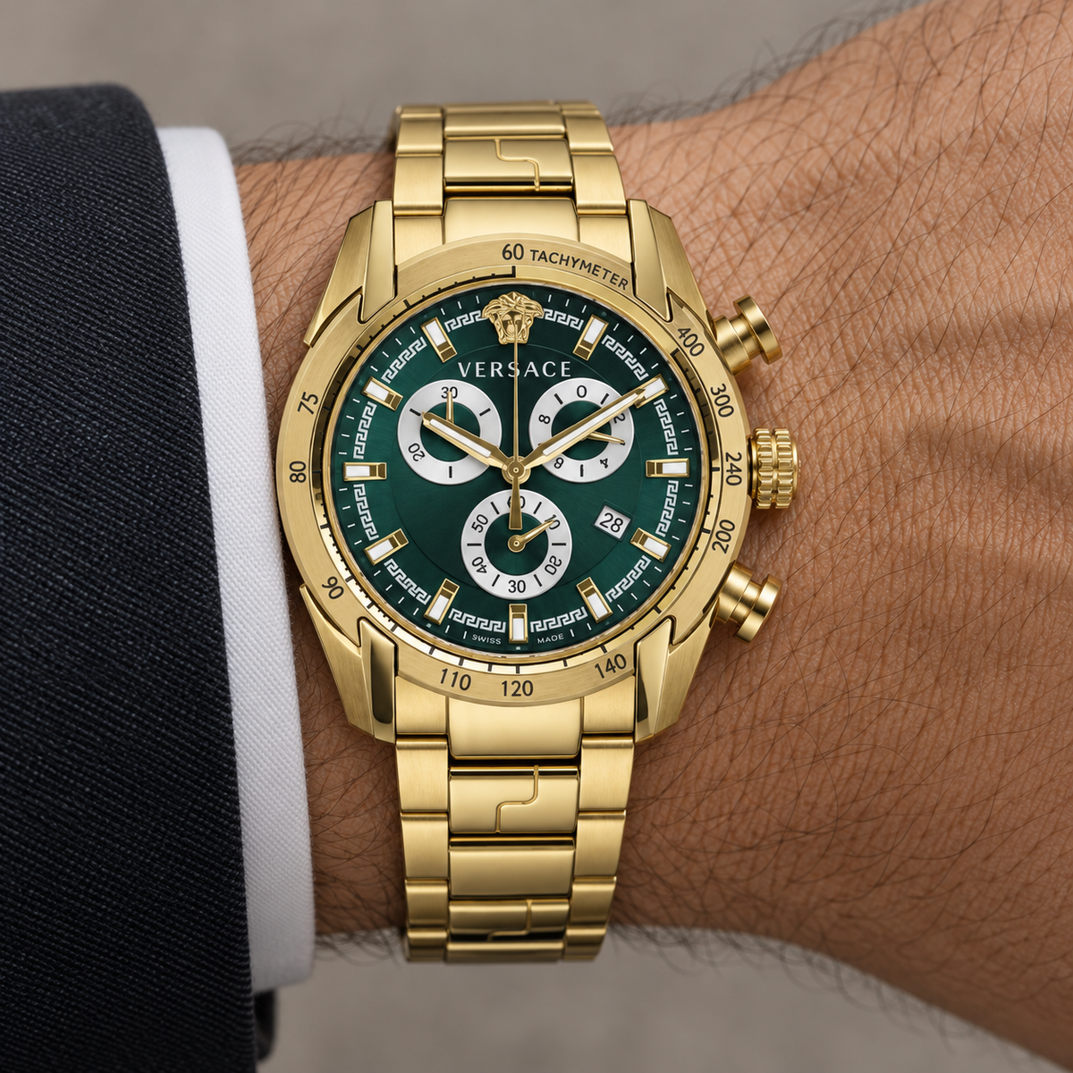 Versace V-Ray Chronograph Men's Watch – Green 44 mm – VE2I00621 on wrist – VE2I00621