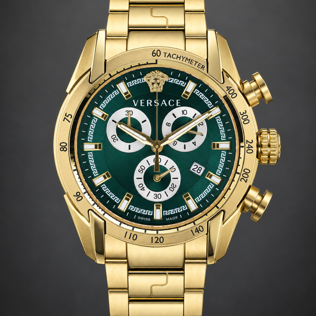 Versace V-Ray Chronograph Men's Watch – Green 44 mm – VE2I00621 dial and case detail – VE2I00621