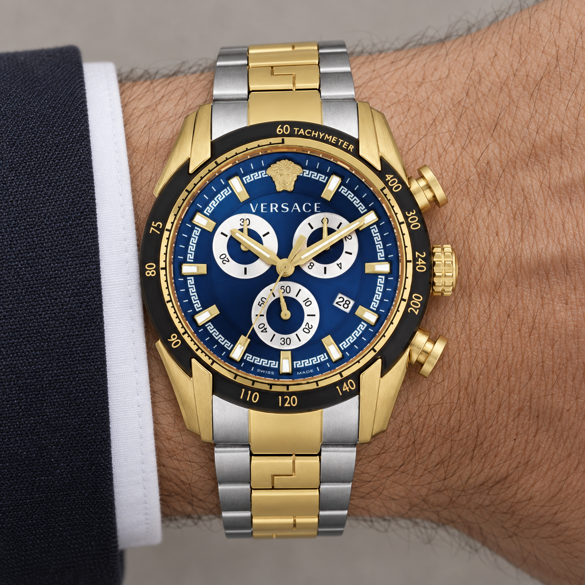 Versace V-Ray Chronograph Men's Watch – Blue 44 mm – VE2I01021 on wrist – VE2I01021