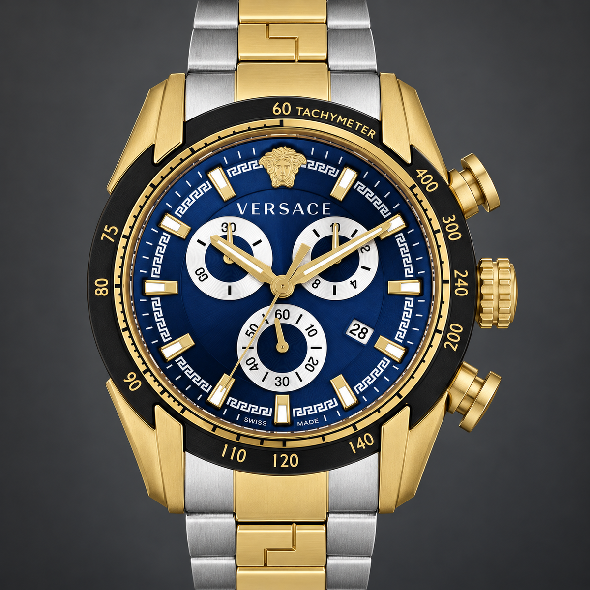 Versace V-Ray Chronograph Men's Watch – Blue 44 mm – VE2I01021 dial and case detail – VE2I01021