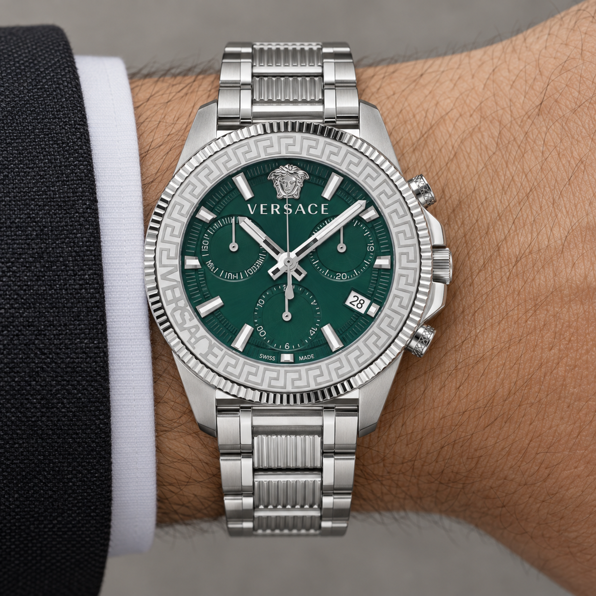 Versace Greca Action Chronograph Men's Watch – Green 45 mm – VE3J00422 on wrist – VE3J00422