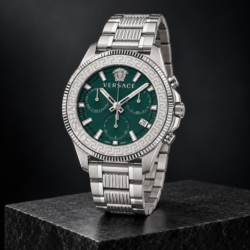 Versace Greca Action Chronograph Men's Watch – Green 45 mm – VE3J00422 dark luxury view – VE3J00422