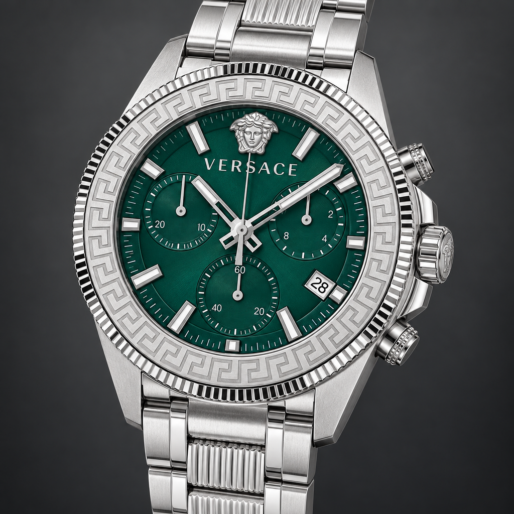 Versace Greca Action Chronograph Men's Watch – Green 45 mm – VE3J00422 dial and case detail – VE3J00422