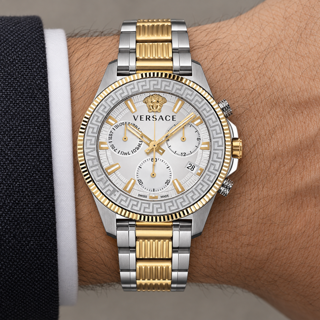 Versace Greca Action Chronograph Men's Watch – White 45 mm – VE3J00522 on wrist – VE3J00522