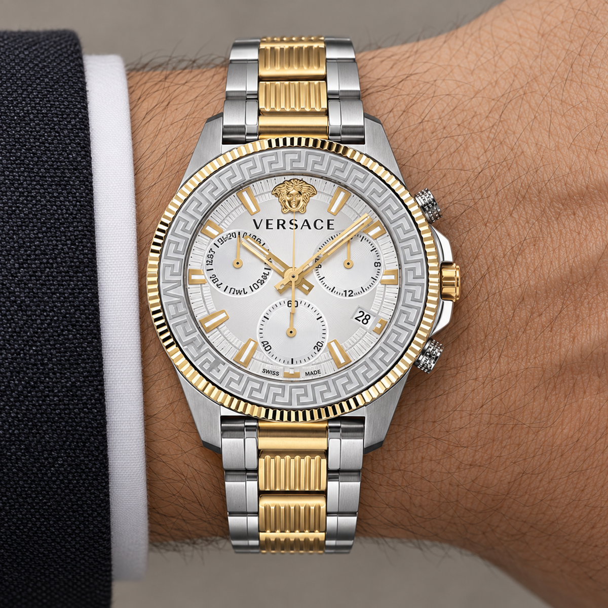 Versace Greca Action Chronograph Men's Watch – White 45 mm – VE3J00522 on wrist – VE3J00522