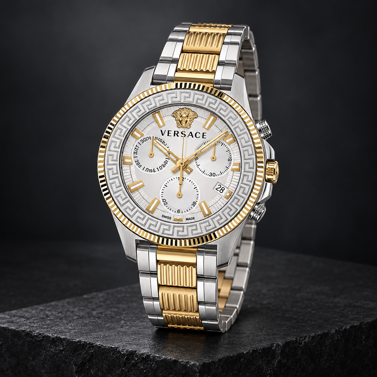Versace Greca Action Chronograph Men's Watch – White 45 mm – VE3J00522 dark luxury view – VE3J00522