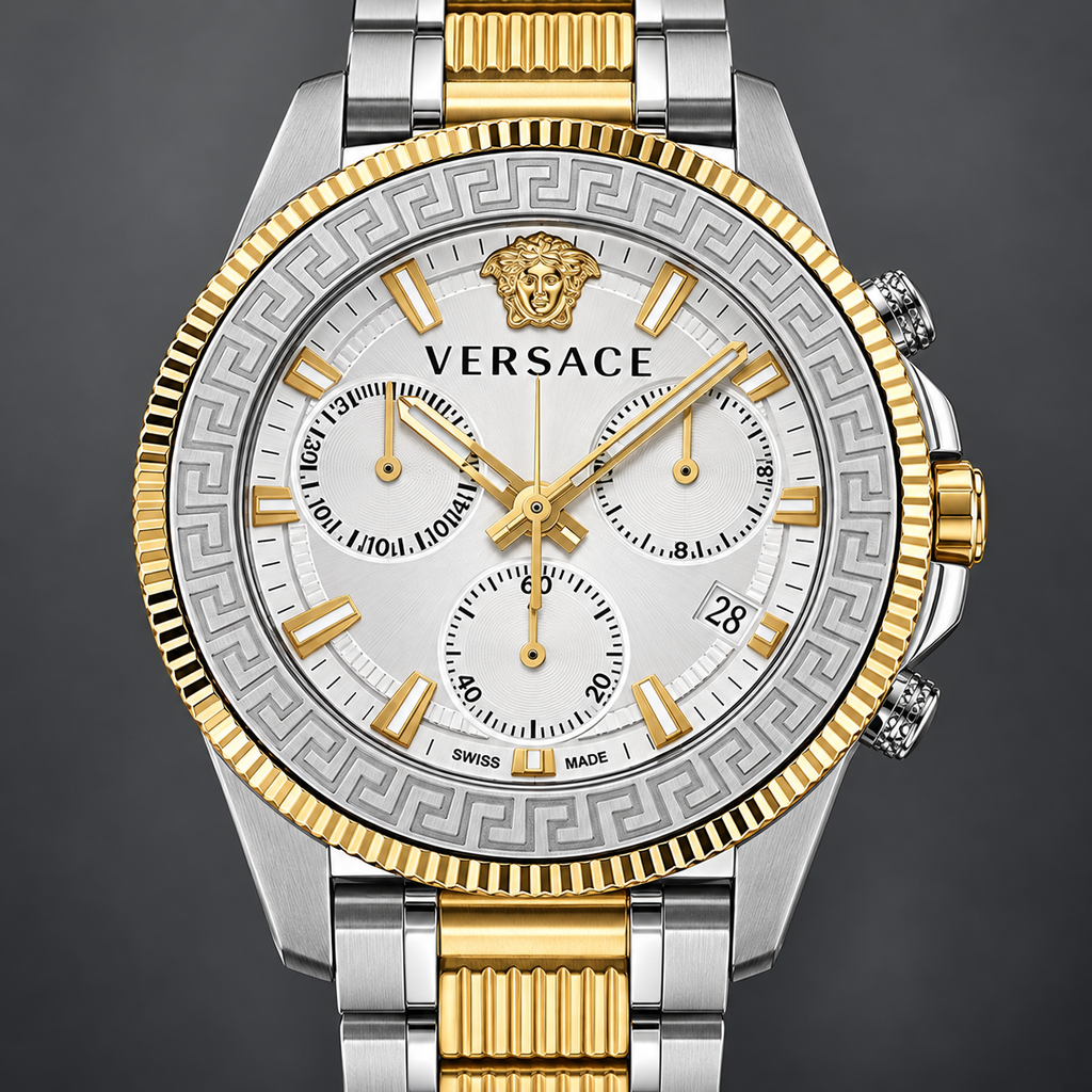 Versace Greca Action Chronograph Men's Watch – White 45 mm – VE3J00522 dial and case detail – VE3J00522