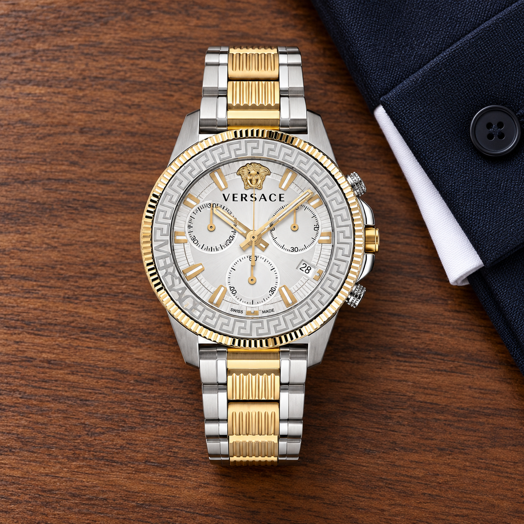 Versace Greca Action Chronograph Men's Watch – White 45 mm – VE3J00522 lifestyle view – VE3J00522