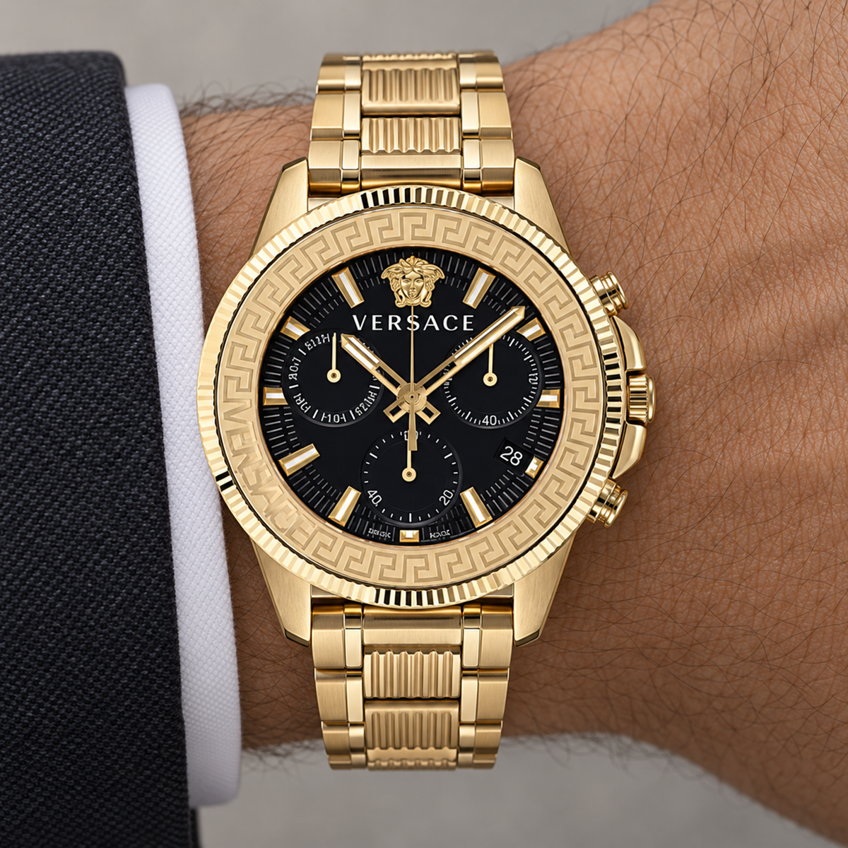 Versace Greca Action Chronograph Men's Watch – Black 45 mm – VE3J00622 on wrist – VE3J00622