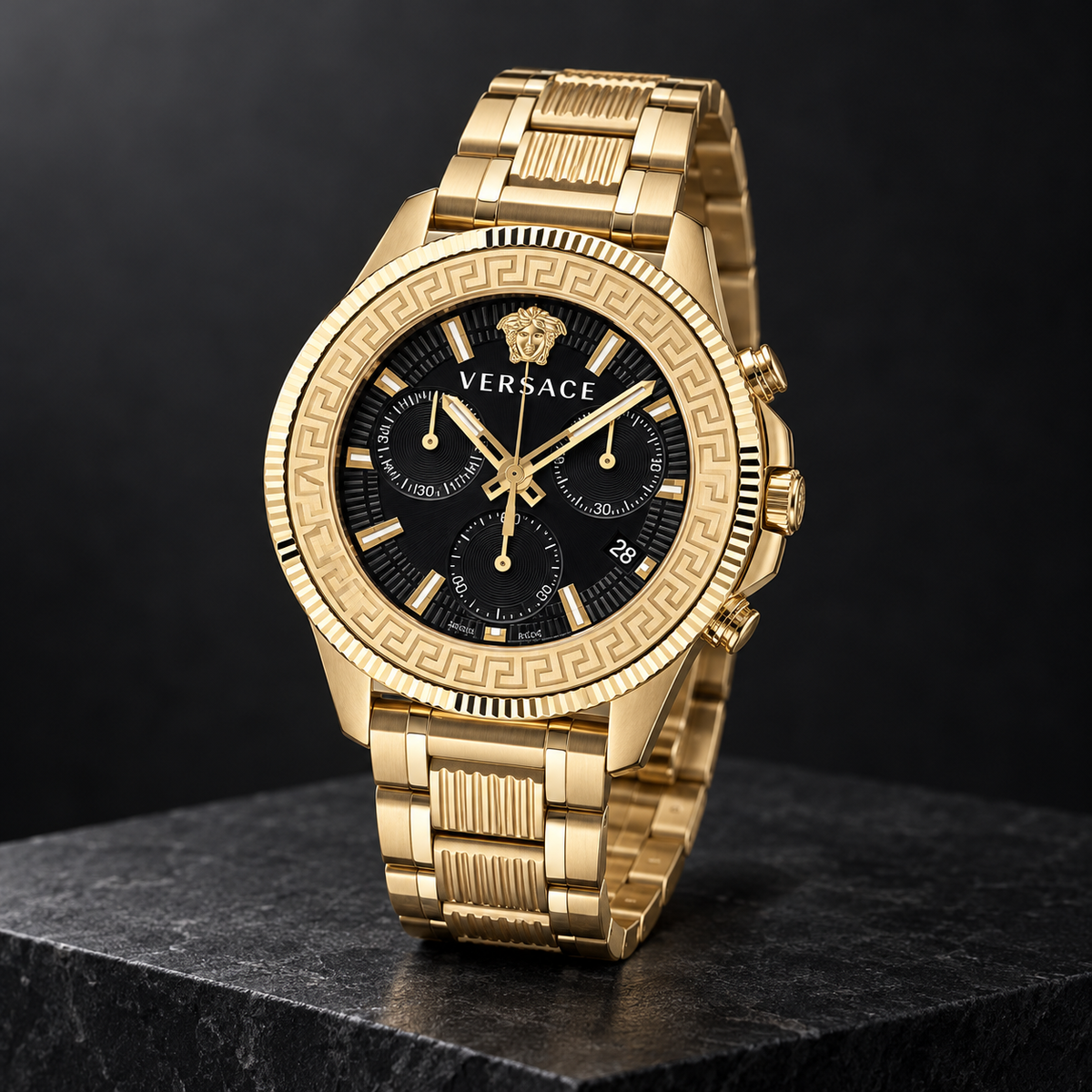 Versace Greca Action Chronograph Men's Watch – Black 45 mm – VE3J00622 dark luxury view – VE3J00622