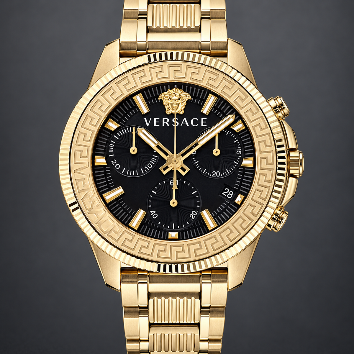 Versace Greca Action Chronograph Men's Watch – Black 45 mm – VE3J00622 dial and case detail – VE3J00622