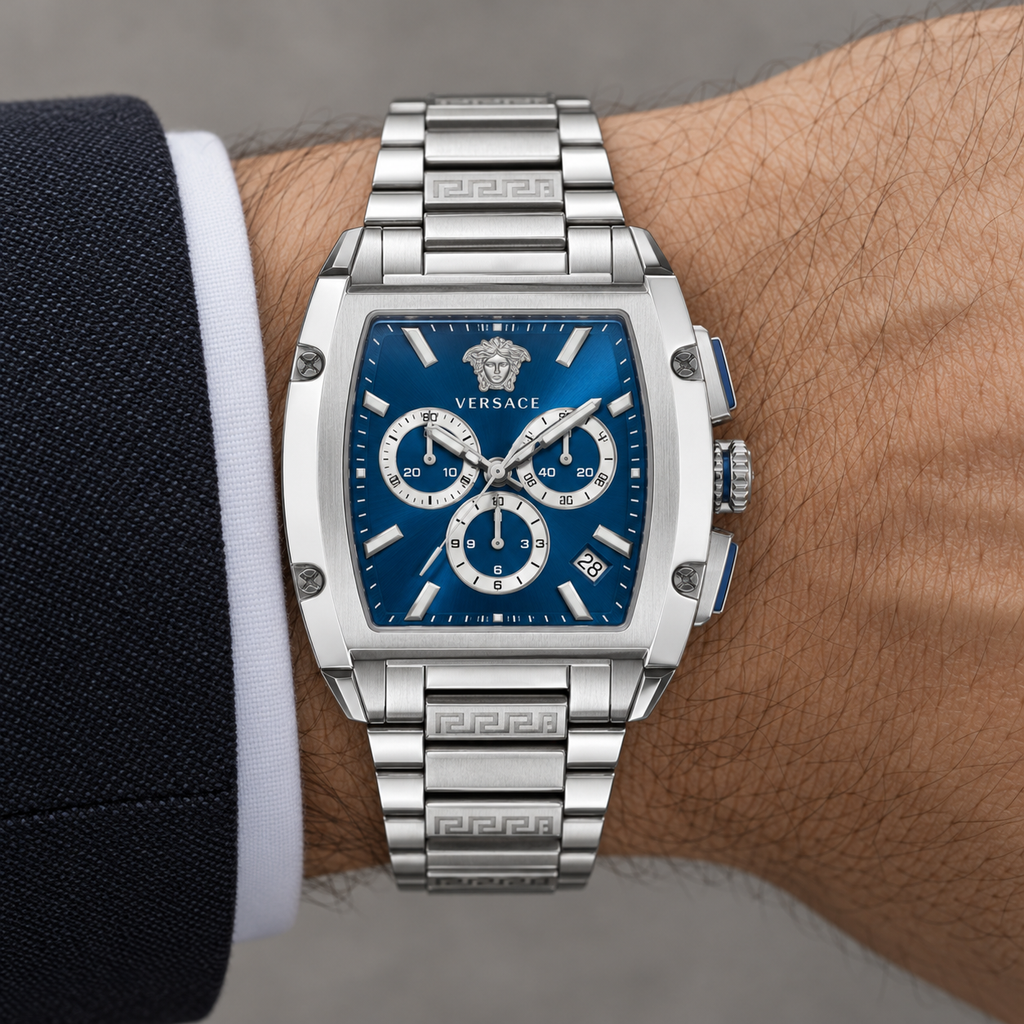 Versace Dominus Chronograph Men's Watch – Blue 42 x 49.5 mm – VE6H00423 on wrist – VE6H00423