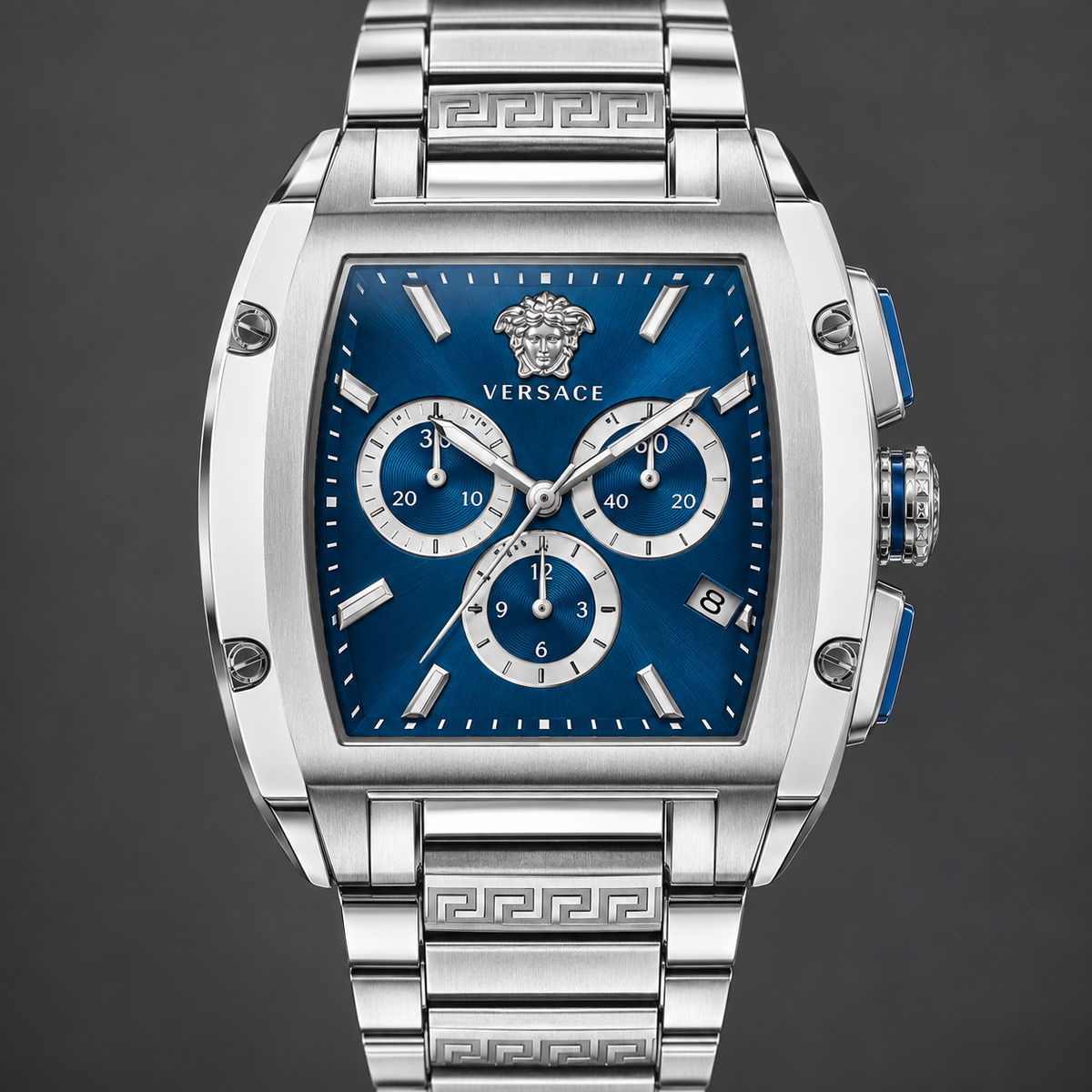 Versace Dominus Chronograph Men's Watch – Blue 42 x 49.5 mm – VE6H00423 dial and case detail – VE6H00423