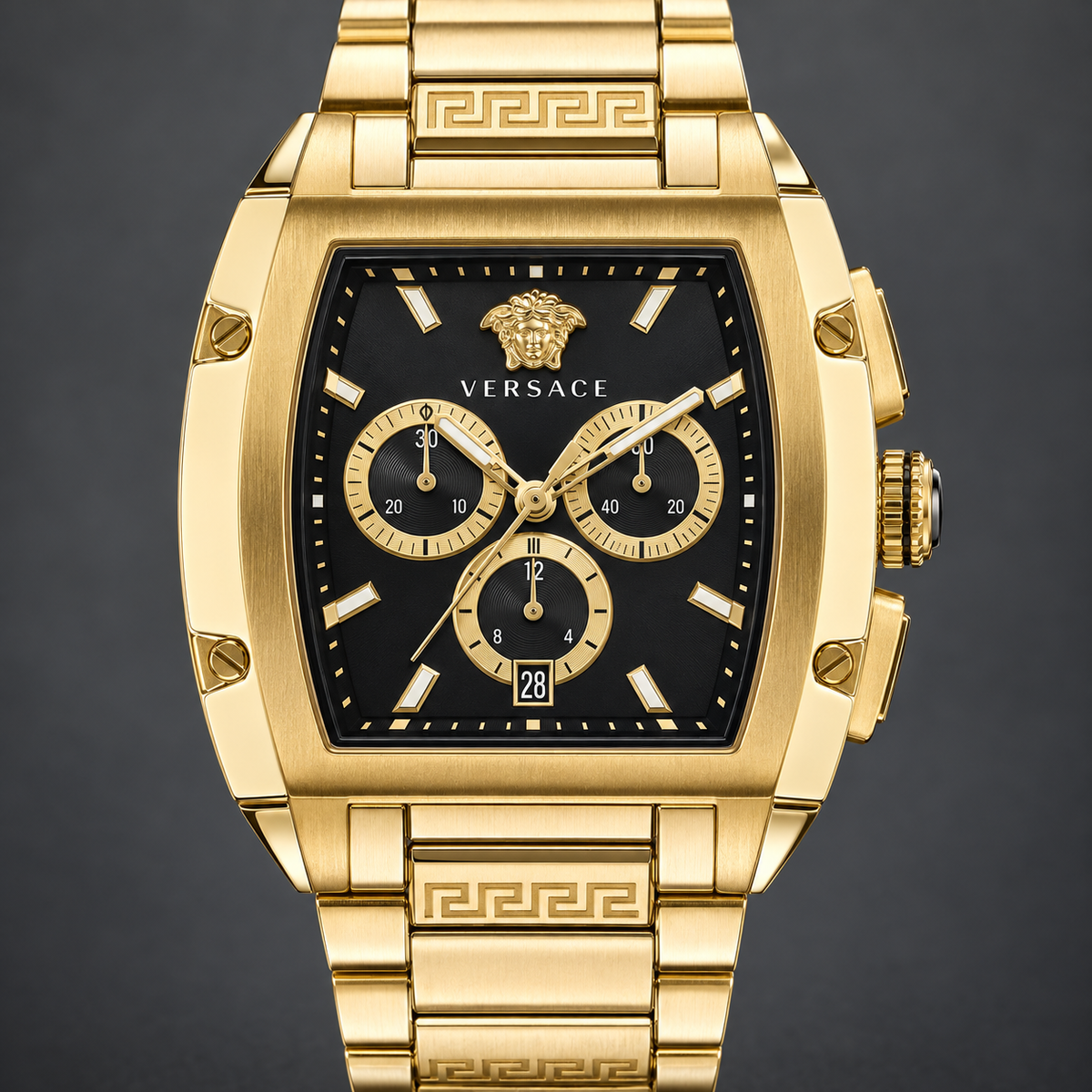 Versace Dominus Chronograph Men's Watch – Black 42 x 49.5 mm – VE6H00523 dial and case detail – VE6H00523