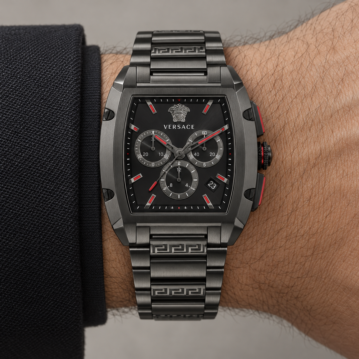 Versace Dominus Chronograph Men's Watch – Black 42 x 49.5 mm – VE6H00623 on wrist – VE6H00623