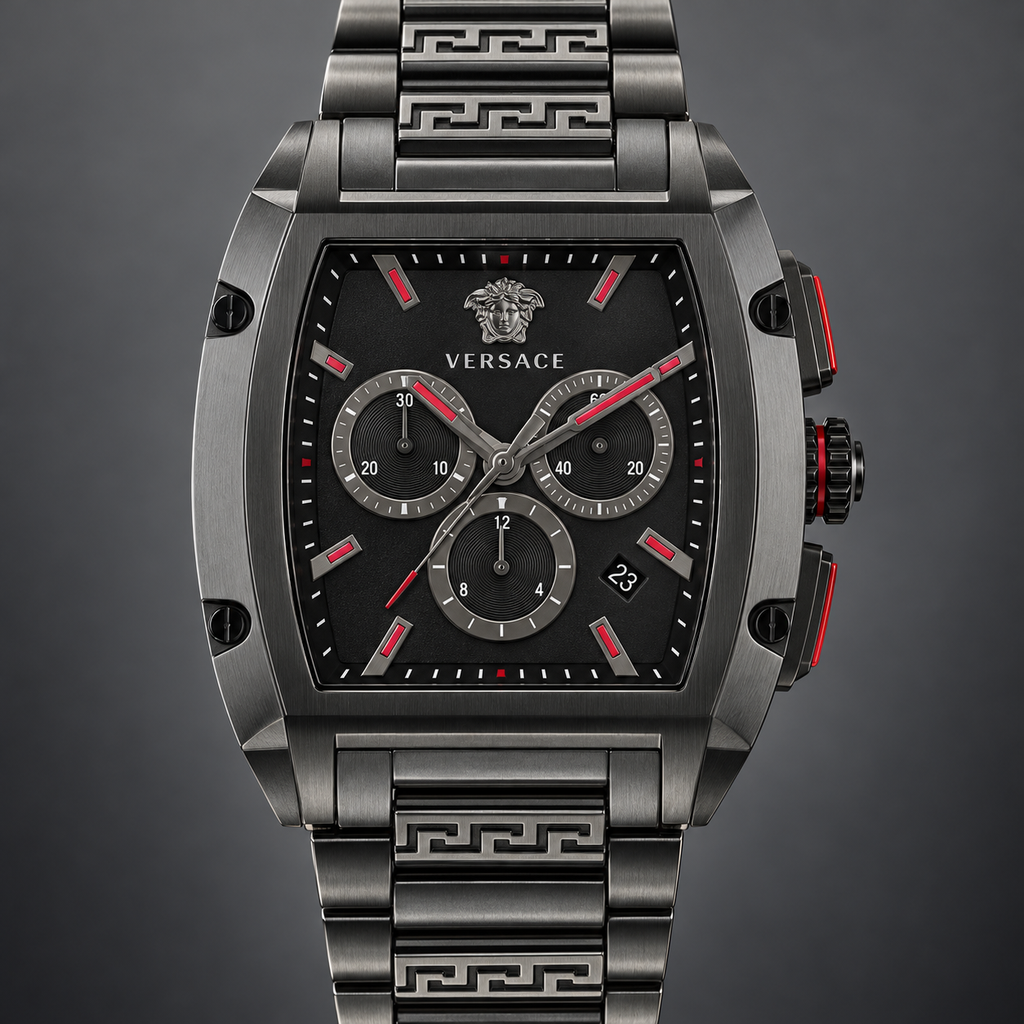 Versace Dominus Chronograph Men's Watch – Black 42 x 49.5 mm – VE6H00623 dial and case detail – VE6H00623