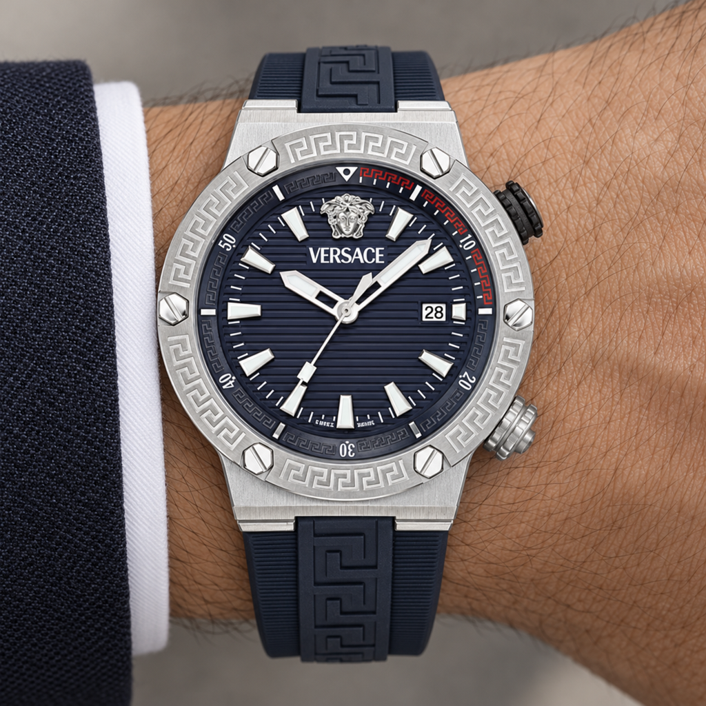Versace Greca Logo Diver Men's Watch – Blue 43 mm – VE8G00124 on wrist – VE8G00124