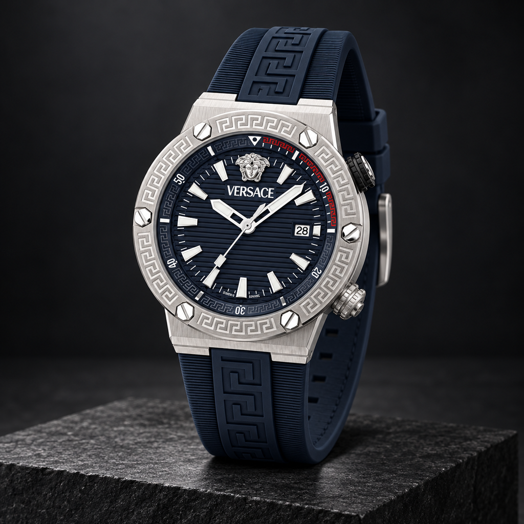 Versace Greca Logo Diver Men's Watch – Blue 43 mm – VE8G00124 dark luxury view – VE8G00124