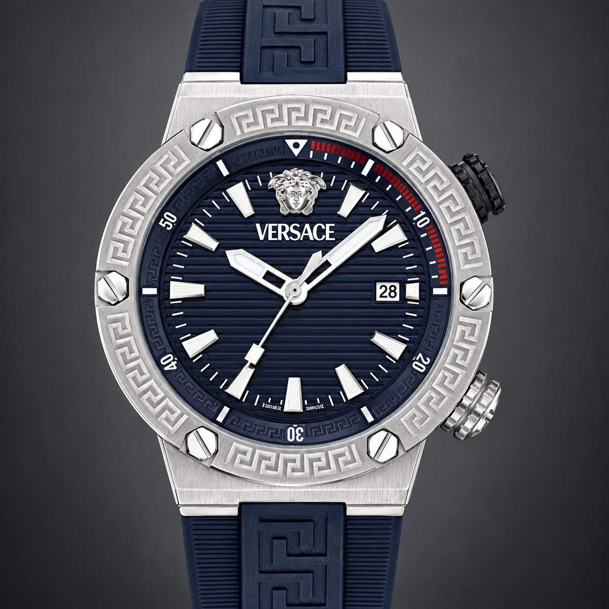 Versace Greca Logo Diver Men's Watch – Blue 43 mm – VE8G00124 dial and case detail – VE8G00124