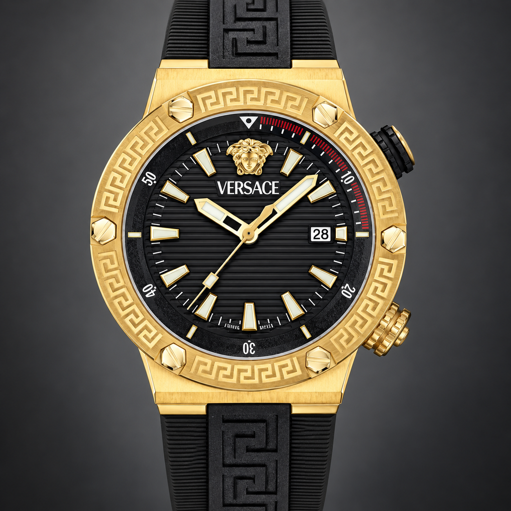 Versace Greca Logo Diver Men's Watch – Black 43 mm – VE8G00324 dial and case detail – VE8G00324