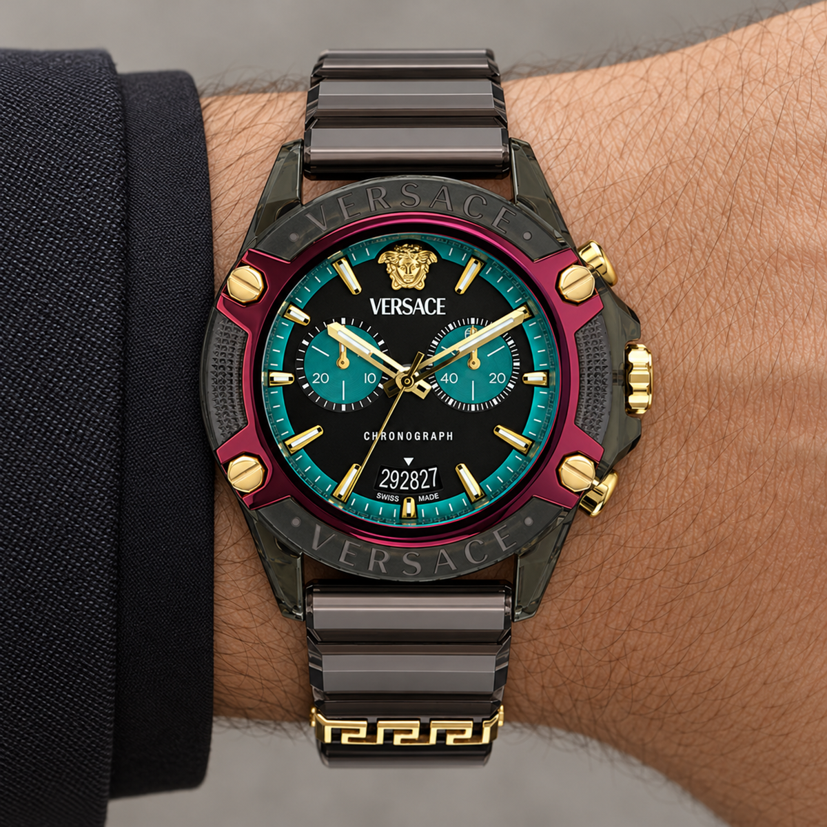 Versace Icon Active Chronograph Men's Watch – Green 44 mm – VE8P00224 on wrist – VE8P00224
