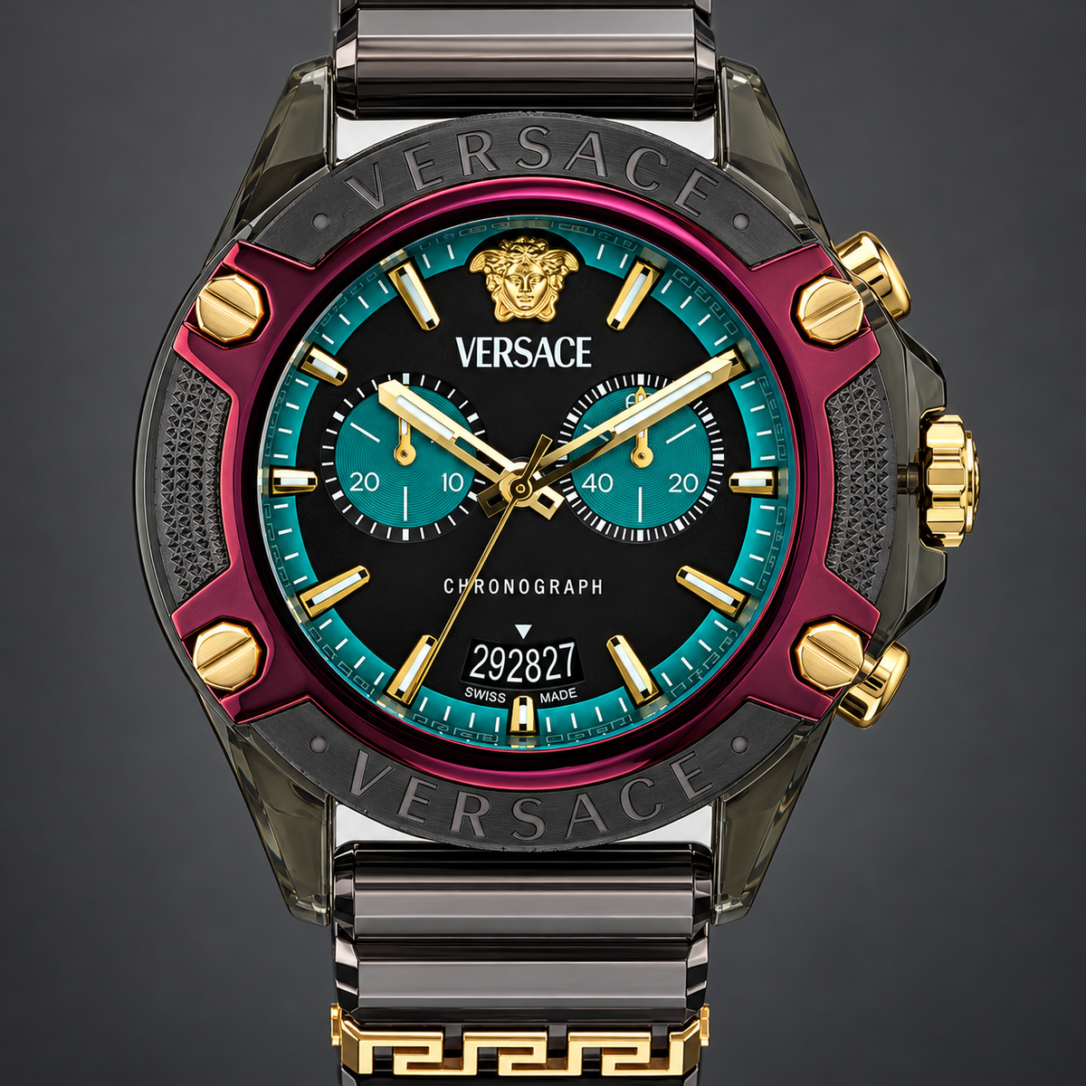 Versace Icon Active Chronograph Men's Watch – Green 44 mm – VE8P00224 dial and case detail – VE8P00224