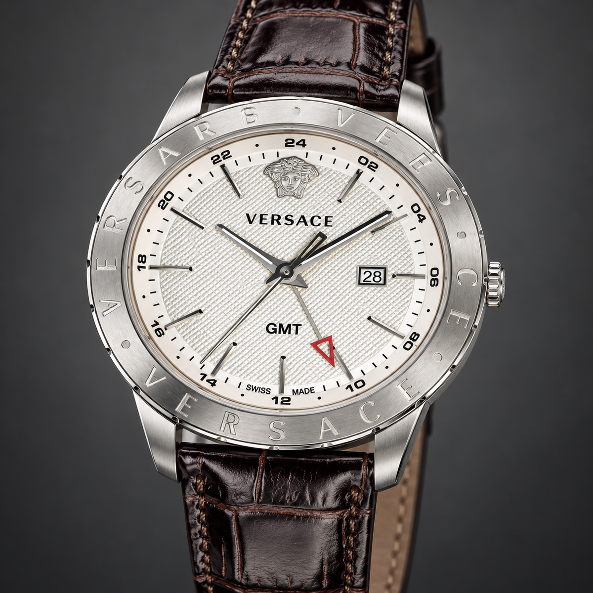 Versace Univers GMT Men's Watch – White 43 mm – VEBK00118 dial and case detail – VEBK00118