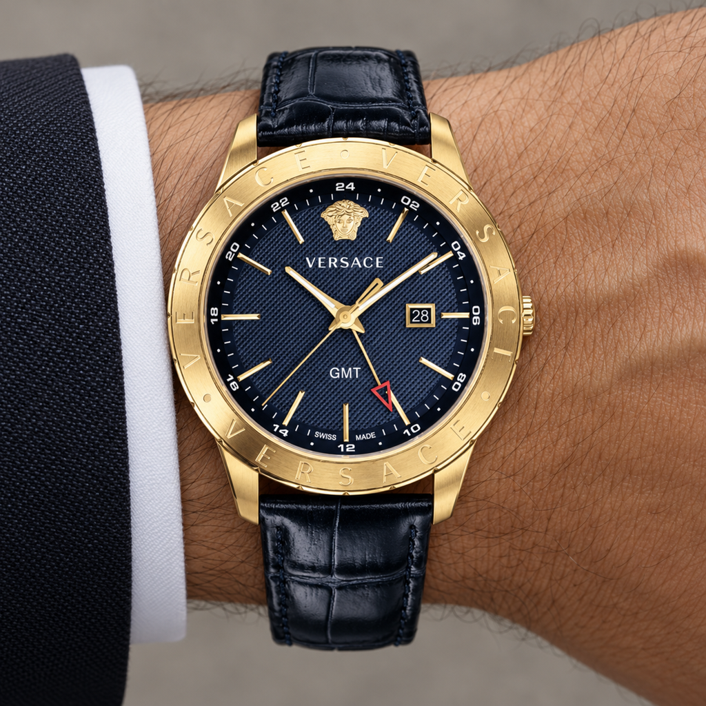 Versace Univers GMT Men's Watch – Blue 43 mm – VEBK00318 on wrist – VEBK00318